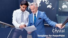  Presentation with world map - Presentation consisting of male-colleagues-meeting-on-stairs background and a ocean colored foreground