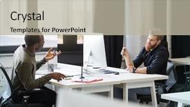  Presentation with german shepherd two young puppys - Cool new slide deck with male colleagues sitting at opposing backdrop and a mint green colored foreground