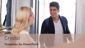  Presentation with college - Presentation consisting of male college student carrying box moving into accommodation meeting house mates background and a coral colored foreground