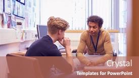  Presentation with college campus - Audience pleasing slide deck consisting of male-college-student-meeting backdrop and a coral colored foreground