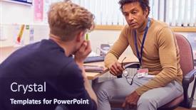  Presentation with college campus - PPT theme featuring male-college-student-meeting background and a wine colored foreground