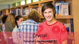  Presentation with digital library - Presentation theme featuring male college student using digital tablet in the library background and a red colored foreground