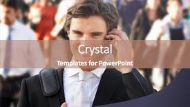  Presentation with commuter - PPT layouts having male commuter in crowd using phone background and a coral colored foreground