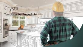  Presentation with custom - Presentation design with male contractor with hard hat and tool belt looking at custom kitchen drawing photo combination on white background and a soft green colored foreground