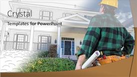  Presentation with custom - Presentation with male contractor with hard hat and tool belt looking at custom house drawing photo combination on white background and a white colored foreground