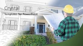  Presentation with custom - Presentation theme featuring male contractor with hard hat and tool belt looking at custom house drawing photo combination on white background and a white colored foreground