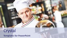  Presentation with cook chef - Audience pleasing slide deck consisting of male cook chef at restaurant backdrop and a sky blue colored foreground