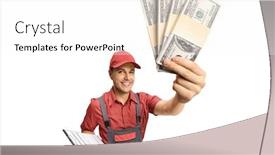  Presentation with courier - PPT theme consisting of male-courier-holding-a-clipboard background and a white colored foreground