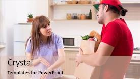  Presentation with time delivery - Cool new PPT theme with male courier in food delivery backdrop and a lemonade colored foreground