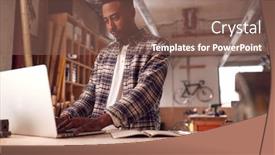  Presentation with bamboo construction - Slide set consisting of male-craftsman-in-carpentry-workshop background and a violet colored foreground