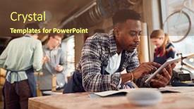  Presentation with craftsman - Presentation design consisting of male-craftsman-in-carpentry-workshop background and a tawny brown colored foreground