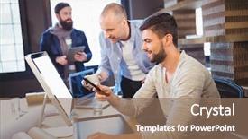  Presentation with coworkers - Presentation theme having male creative coworkers discussing over computer at desk in office background and a coral colored foreground