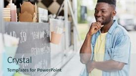  Presentation with food truck - PPT theme with male customer looking at billboard background and a lemonade colored foreground