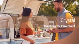  Presentation with contactless - Cool new PPT theme with male-customer-making-contactless-payment backdrop and a coral colored foreground