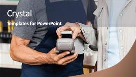  Presentation with technology hardware - Theme enhanced with male customer paying with mobilephone background and a ocean colored foreground