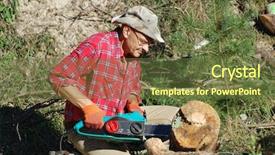  Presentation with chainsaw - PPT theme featuring image of male cutting wood with chainsaw ukraine background and a tawny brown colored foreground