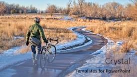  Presentation with walking trail - Presentation theme featuring male-cyclist-is-walking background and a teal colored foreground