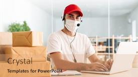  Presentation with face mask - PPT theme having male-delivery-assistance-in-face background and a coral colored foreground