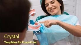  Presentation with dentures - Slide set featuring male-dentist-shows-dentures background and a tawny brown colored foreground