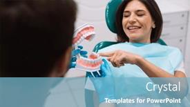  Presentation with dentures - Slide deck having male-dentist-shows-dentures background and a light blue colored foreground