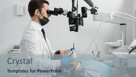  Presentation with dental office - Presentation design featuring male-dentist-using-dental-microscope background and a light gray colored foreground