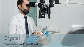  Presentation with dental office - Presentation having male-dentist-using-dental-microscope background and a light blue colored foreground