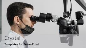  Presentation with dental office - PPT layouts featuring male-dentist-using-dental-microscope background and a light gray colored foreground