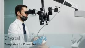  Presentation with dental office - PPT theme having male-dentist-using-dental-microscope background and a light gray colored foreground