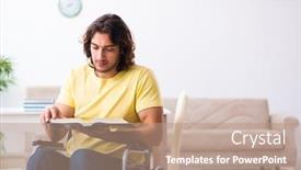  Presentation with student - Presentation theme consisting of male-disabled-student-preparing background and a coral colored foreground