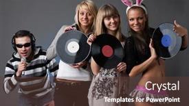  Presentation with vinyl - Amazing PPT layouts having male dj and beautiful girls with vinyl disks on a grey background backdrop and a tawny brown colored foreground