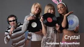  Presentation with vinyl - Slide deck consisting of male dj and beautiful girls with vinyl disks on a grey background background and a tawny brown colored foreground