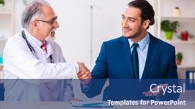  Presentation with project - Slides having male-doctor-and-businessman-discussing background and a ocean colored foreground