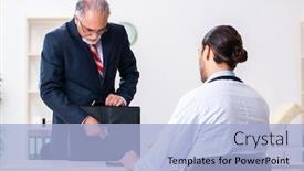  Presentation with medical - PPT theme with male-doctor-and-businessman-discussing background and a light blue colored foreground