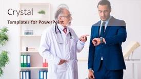  Presentation with medical - PPT theme having male-doctor-and-businessman-discussing background and a lemonade colored foreground