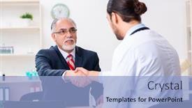  Presentation with medical - Audience pleasing PPT theme consisting of male-doctor-and-businessman-discussing backdrop and a light blue colored foreground