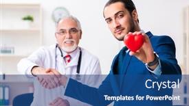  Presentation with medical - PPT theme enhanced with male-doctor-and-businessman-discussing background and a ocean colored foreground