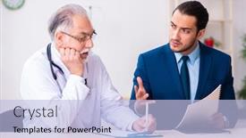  Presentation with medical - Colorful presentation design enhanced with male-doctor-and-businessman-discussing backdrop and a light blue colored foreground