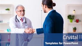  Presentation with medical - PPT theme having male-doctor-and-businessman-discussing background and a ocean colored foreground