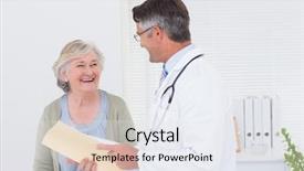  Presentation with doctor patient relations - PPT theme featuring male doctor and female patient background and a sky blue colored foreground