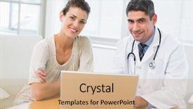  Presentation with medical desk - Theme enhanced with male doctor and patient using laptop at desk in medical office background and a coral colored foreground