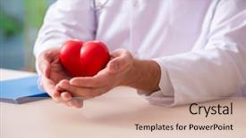  Presentation with cardiologist - Slide set consisting of male doctor cardiologist holding heart background and a  colored foreground