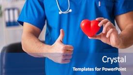  Presentation with cardiologist - Theme having male doctor cardiologist holding heart background and a  colored foreground