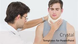  Presentation with patients - Cool new PPT theme with male doctor examining a patients neck over white background backdrop and a soft green colored foreground