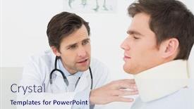  Presentation with patients - Presentation featuring male doctor examining a patients sprained neck at medical office background and a sky blue colored foreground