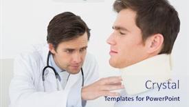 Presentation with patients - Presentation having male doctor examining a patients sprained neck at medical office background and a sky blue colored foreground