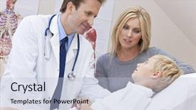  Presentation with sick child - PPT theme featuring male doctor examining a sick background and a light blue colored foreground