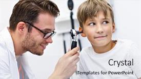  Presentation with ear - Presentation theme enhanced with doctor examining boy's ear background and a sky blue colored foreground