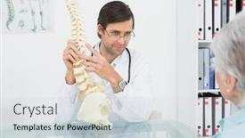  Presentation with spine - Slide deck having male doctor explaining the spine to a senior patient in medical office background and a lemonade colored foreground