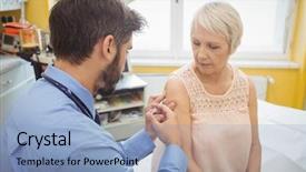  Presentation with injection - Presentation design consisting of male doctor giving an injection to a patient at the hospital background and a light blue colored foreground