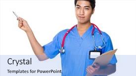 Presentation with pen - Colorful presentation enhanced with male doctor holding with clipboard backdrop and a  colored foreground